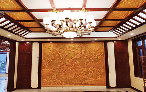 杜集中式别墅客厅中式木作横梁吊顶装饰展示